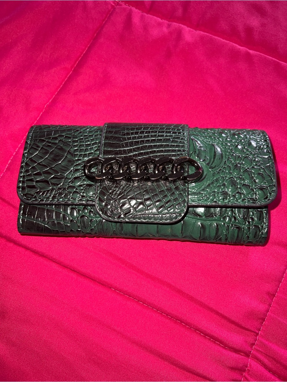 Croc Embossed Chain Accent Clutch - Dark Green